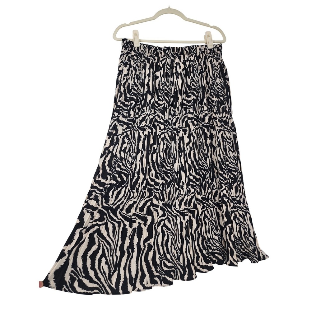 Women Y2K Whimsigoth Cream Zebra Pleated Chiffon Midi Skirt Elastic Waist L